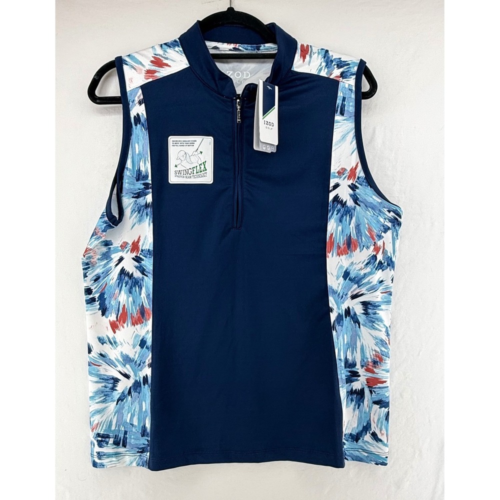 IZOD Golf Women L Navy Blue SwingFlex Sleeveless Quarter Zip Polo Top NWT